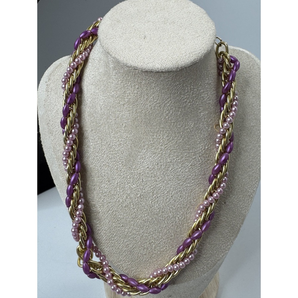 Vintage Purple Faux Pearl Gold Tone Twisted Rope Multi Strand Statement Necklace
